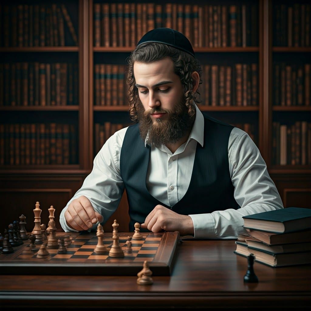 Contemplative Portrait of Hasidic Man in Ornate Library