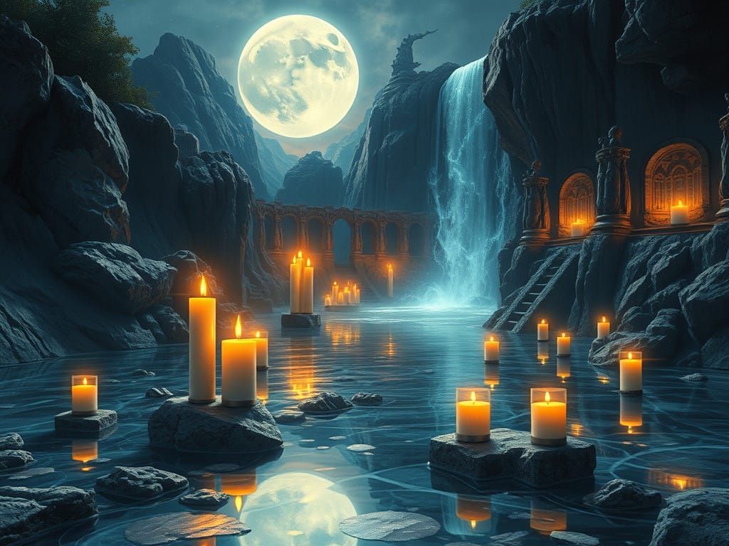 Mathematical Dreamscape with Candles and Water