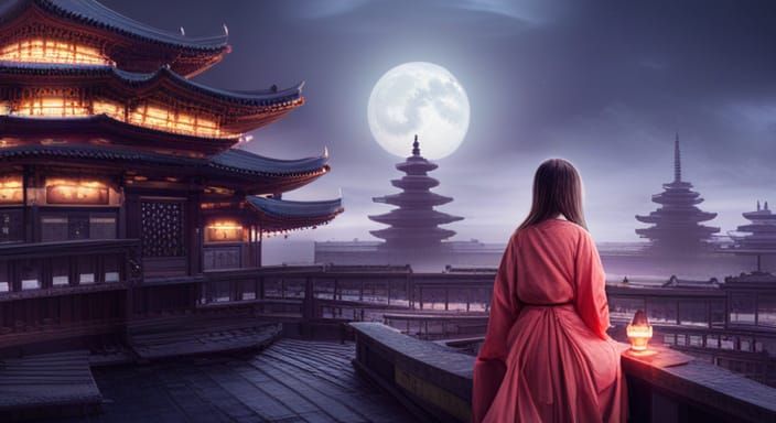 Girl in Kimono Meditates at Temple: Digital Painting