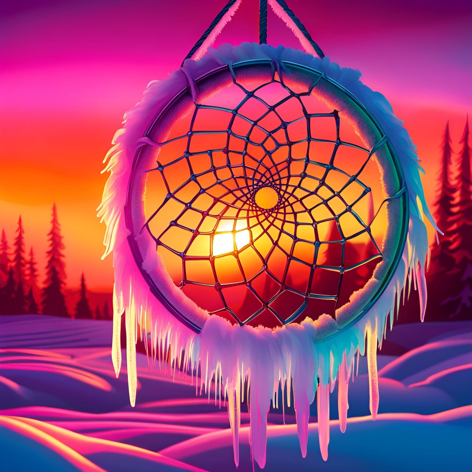 Ice Dreamcatcher Melts in a Retrowave Sunrise