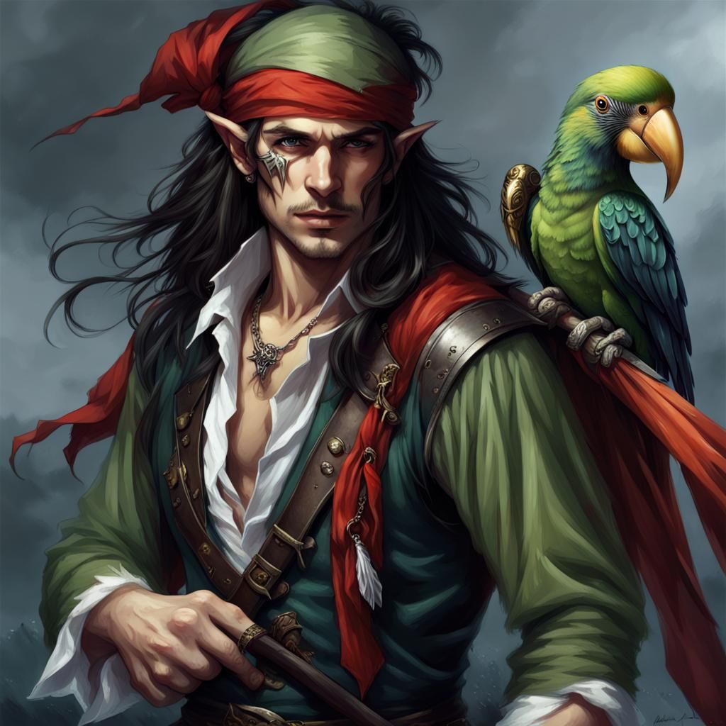 Elf Pirate with Parrot in Fantasy Art Style