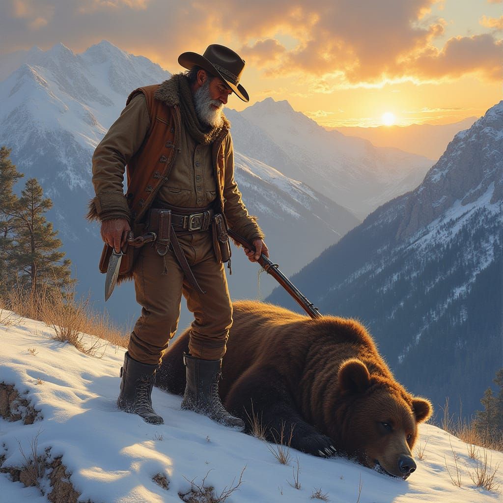 Victorious Mountain Man in a Golden Lit Pass