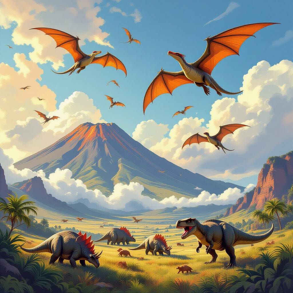 Pterodactyls Soar Above Jurassic Island, Vintage Illustratio...