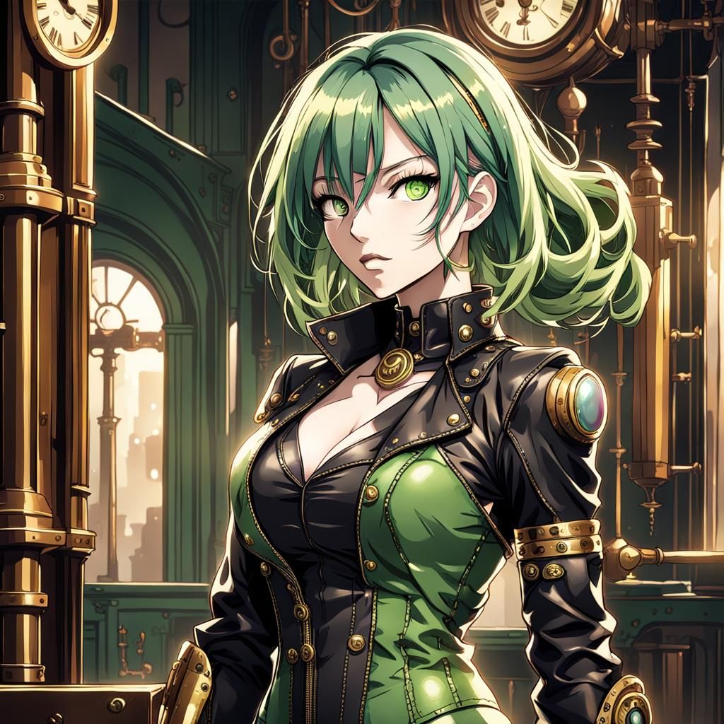 Anime Woman in Steampunk Leather Bodysuit