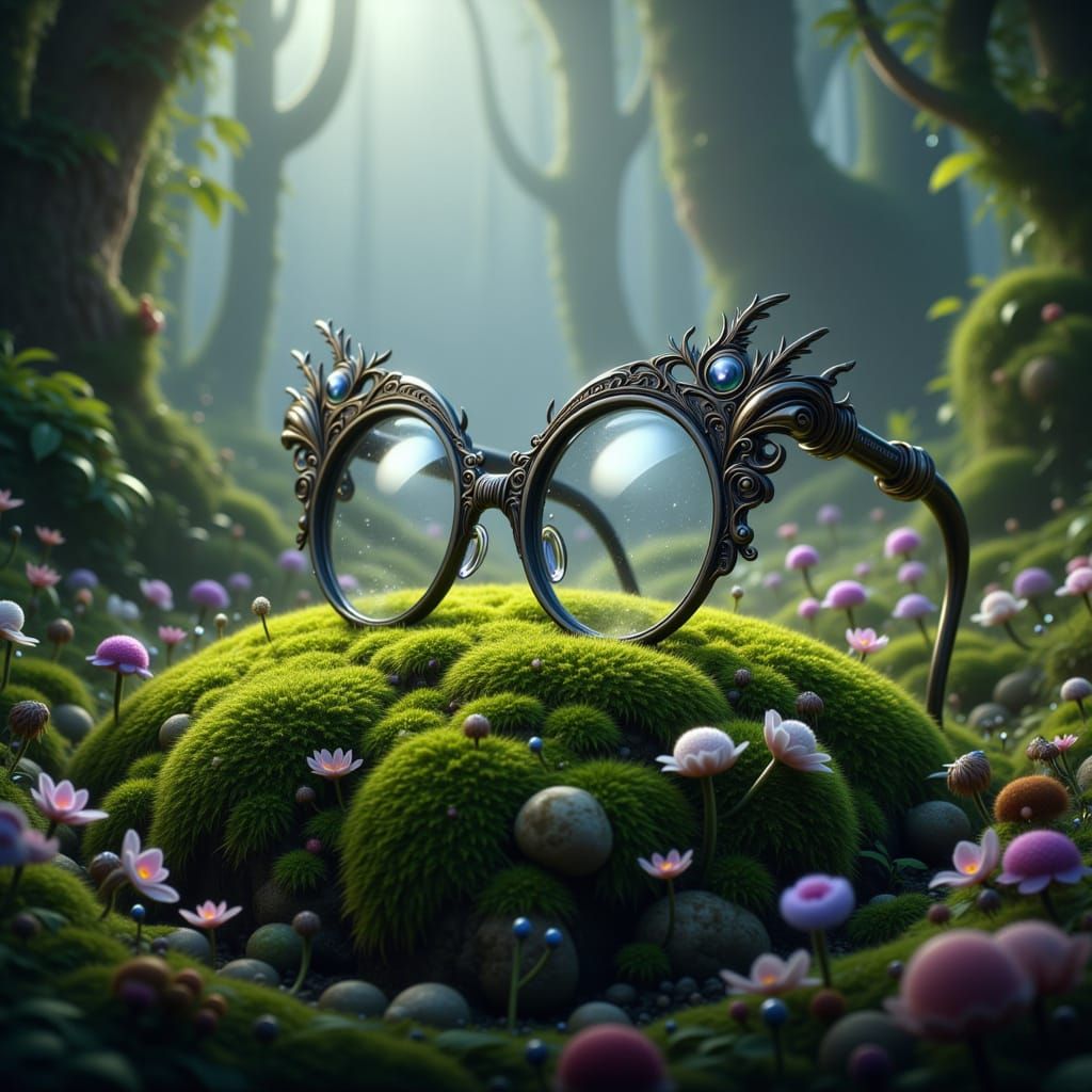 Elegant Spectacles on Moss Amidst Wildflowers