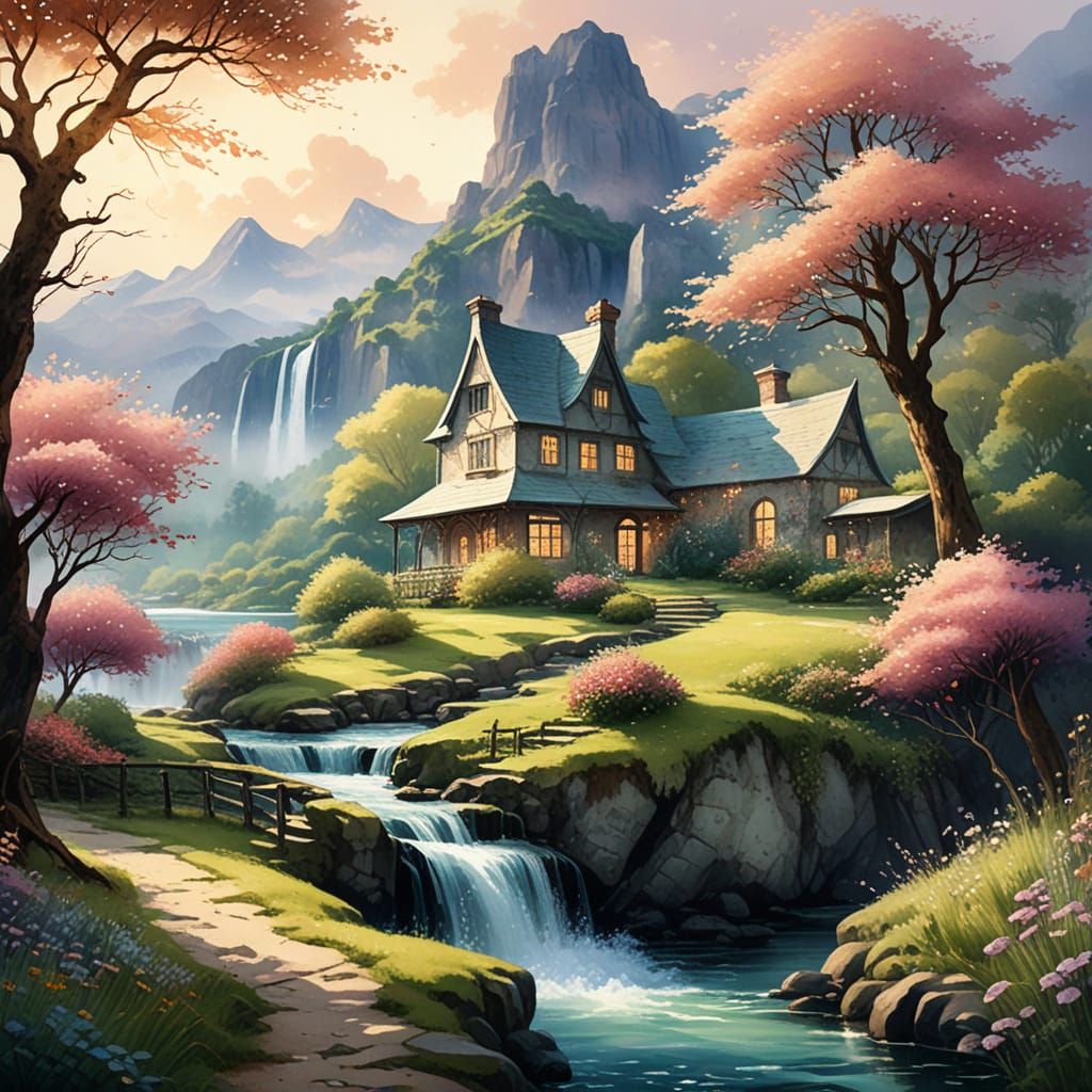 Idyllic Fantasy Landscape with Stone House in Watercolor Sty...