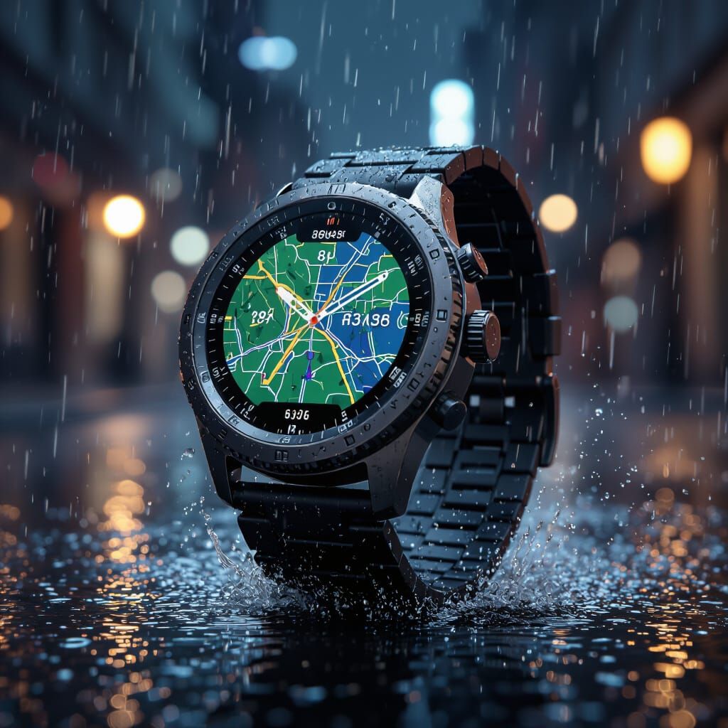 Rugged Smartwatch Displaying GPS Map in Cyberpunk Style