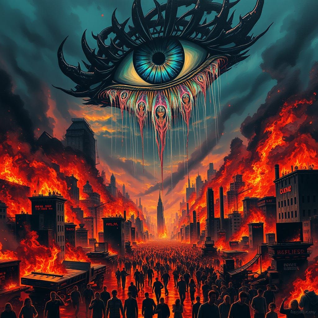 Dystopian Metropolis in Flames, Witnessed by an All-Seeing E...