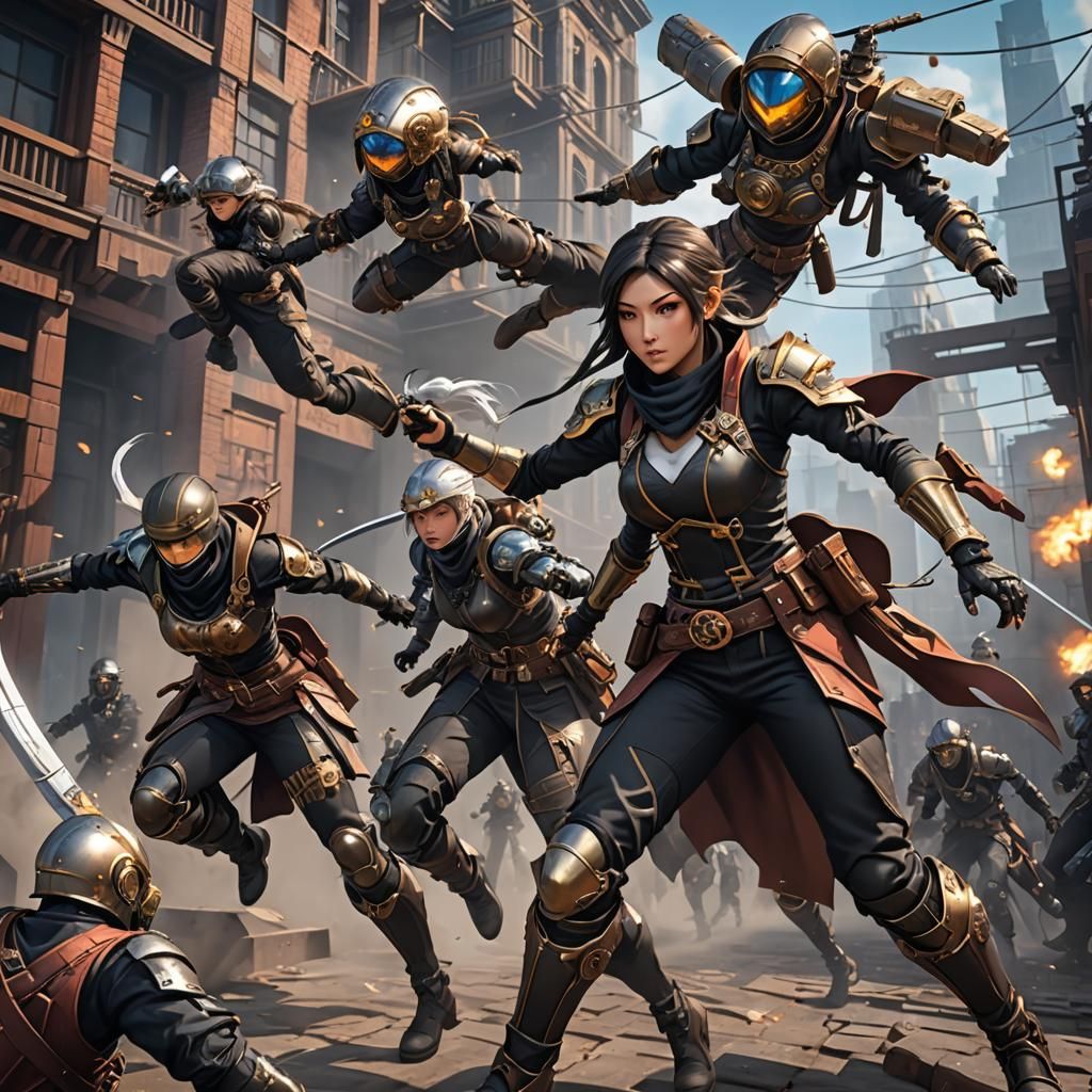 Steampunk City Ninja Warrior Versus Androids