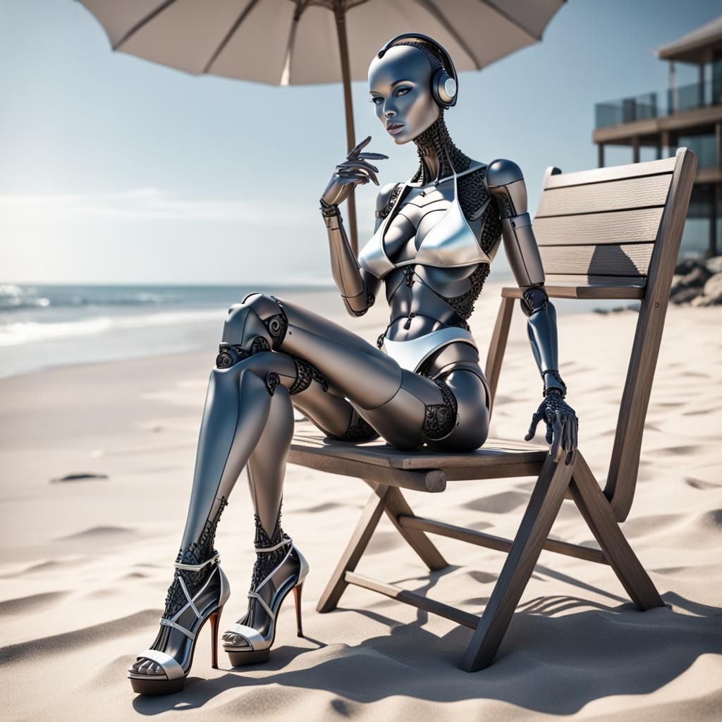 AI Humanoid Woman Relaxing on Beach, Hyperrealistic Style