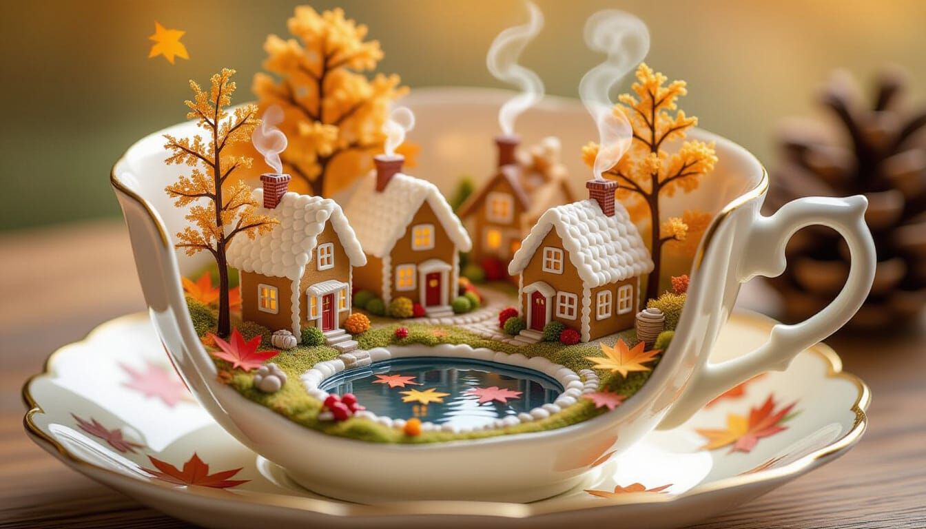 Miniature Autumn Village Inside a Teacup