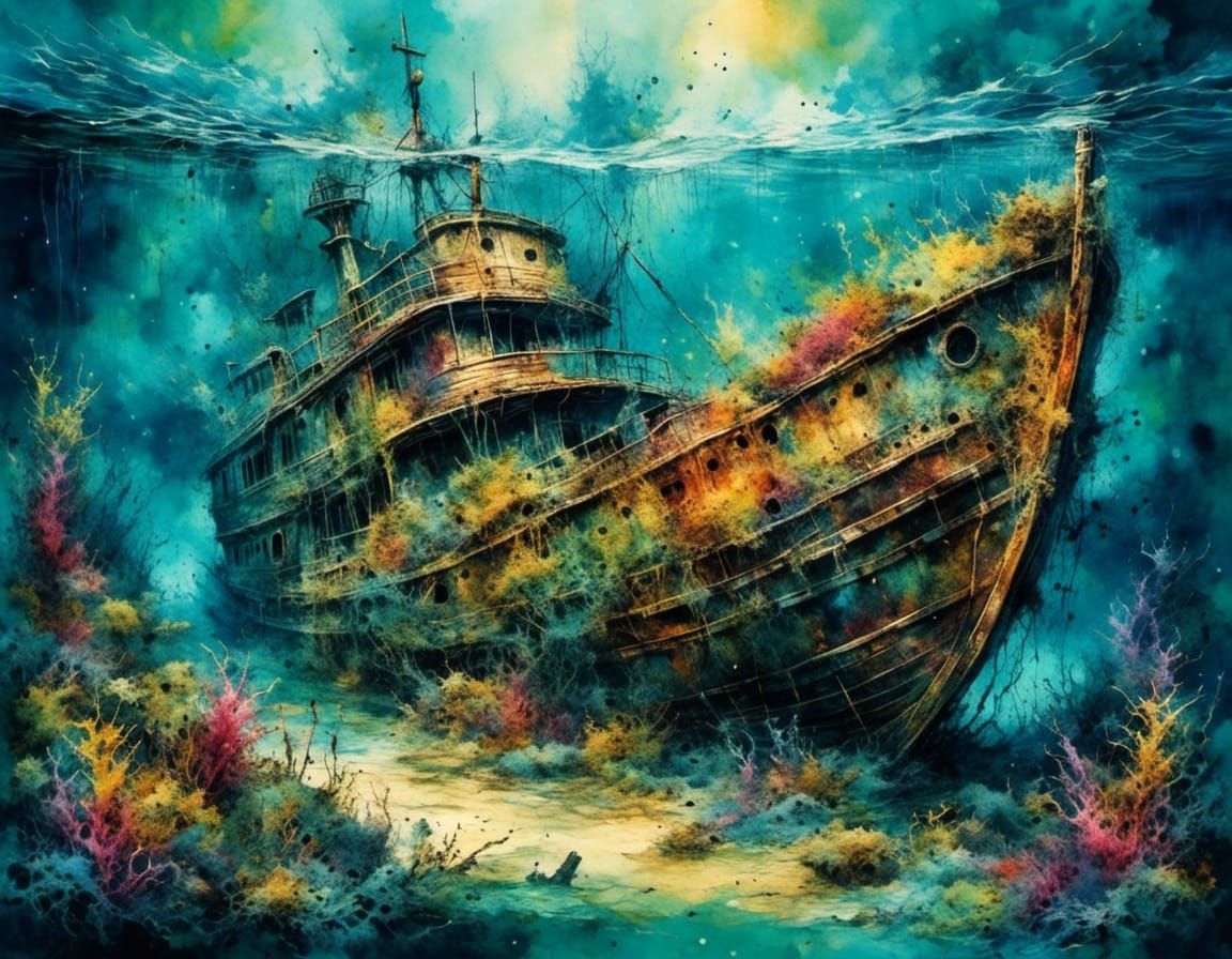 Underwater Shipwreck in Watercolor Style