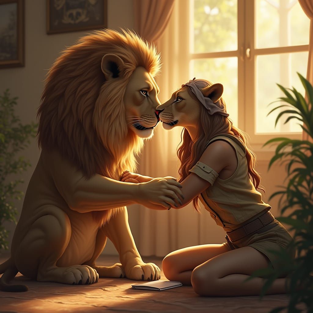 Lion and Trainer in Cozy Living Room
