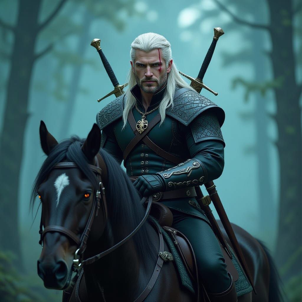 Geralt of Rivia Rides Through Mystical Forest