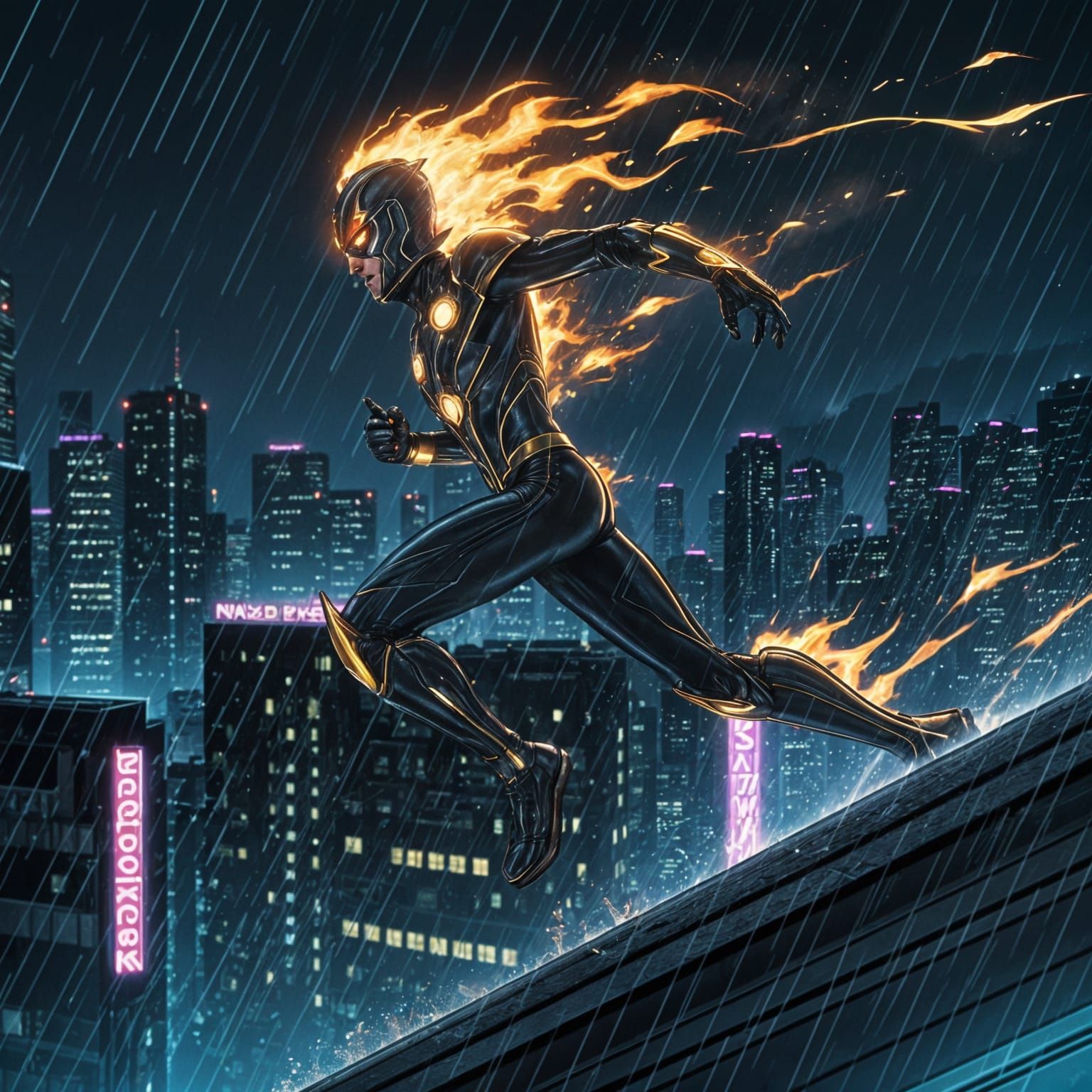 Futuristic Flame-Wielding Superhero Soars Through City Night