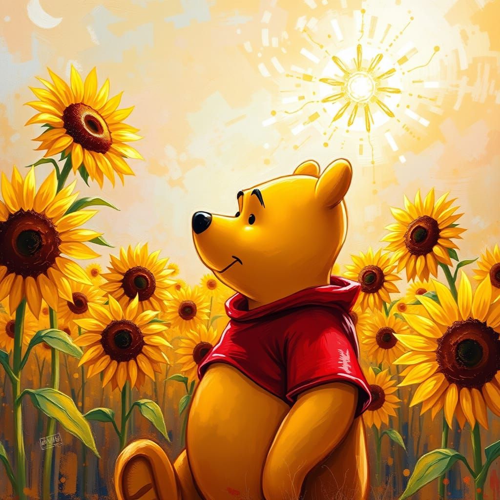 Pooh Contemplates Sunflowers in Impressionist Style
