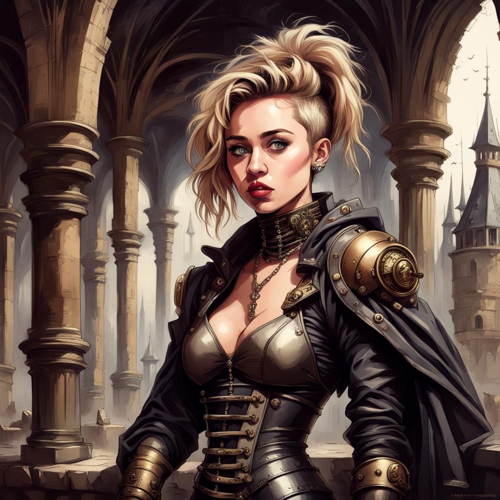 Steampunk Cyberpunk Warrior in Medieval Castle