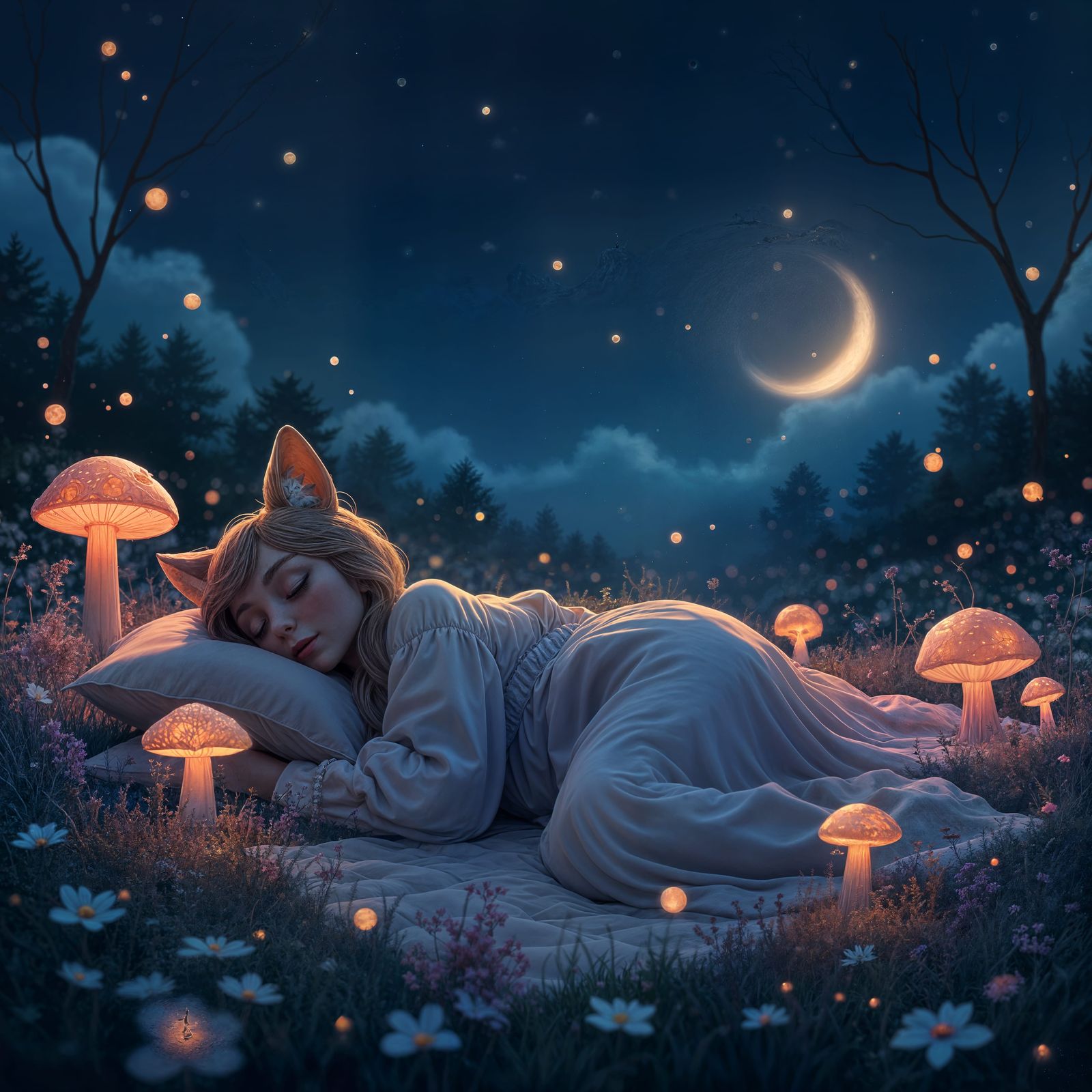 Neko Woman Sleeping in Night Landscape: Fantasy Art