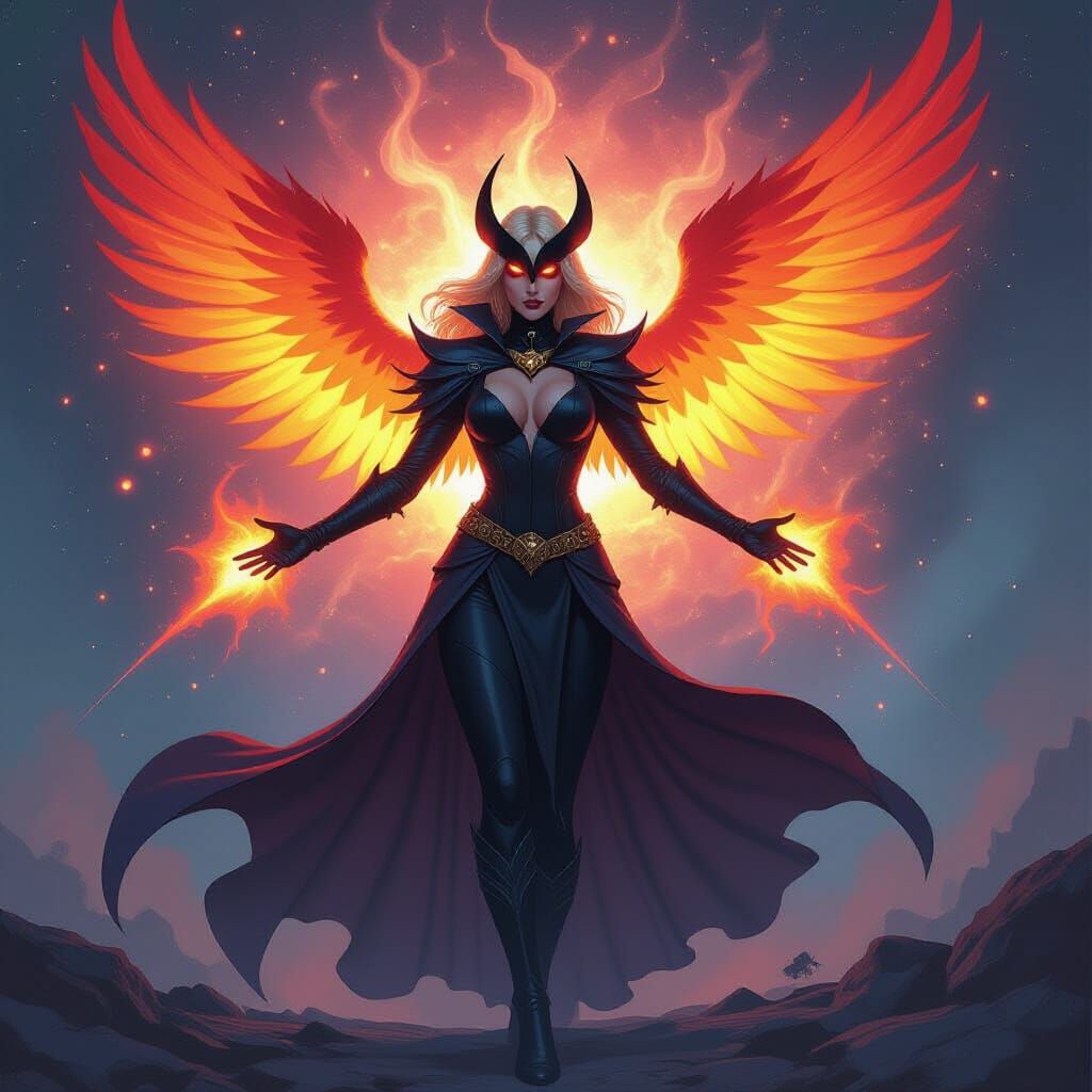 Magik Embraces Phoenix Force in Comic Art Style