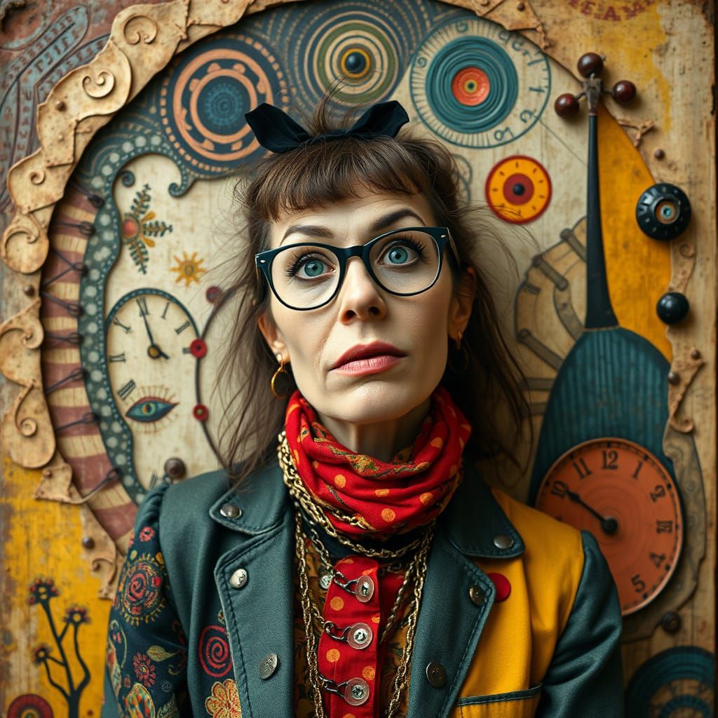 Art Brut Woman with Layered Textures and Optical Illusions