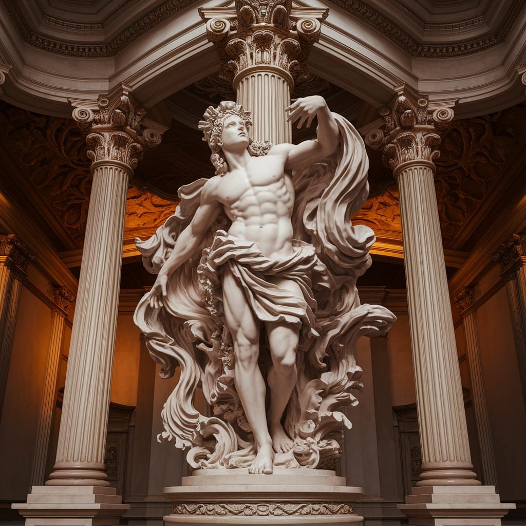 Divine Grecian God Marble Sculpture in Baroque Style