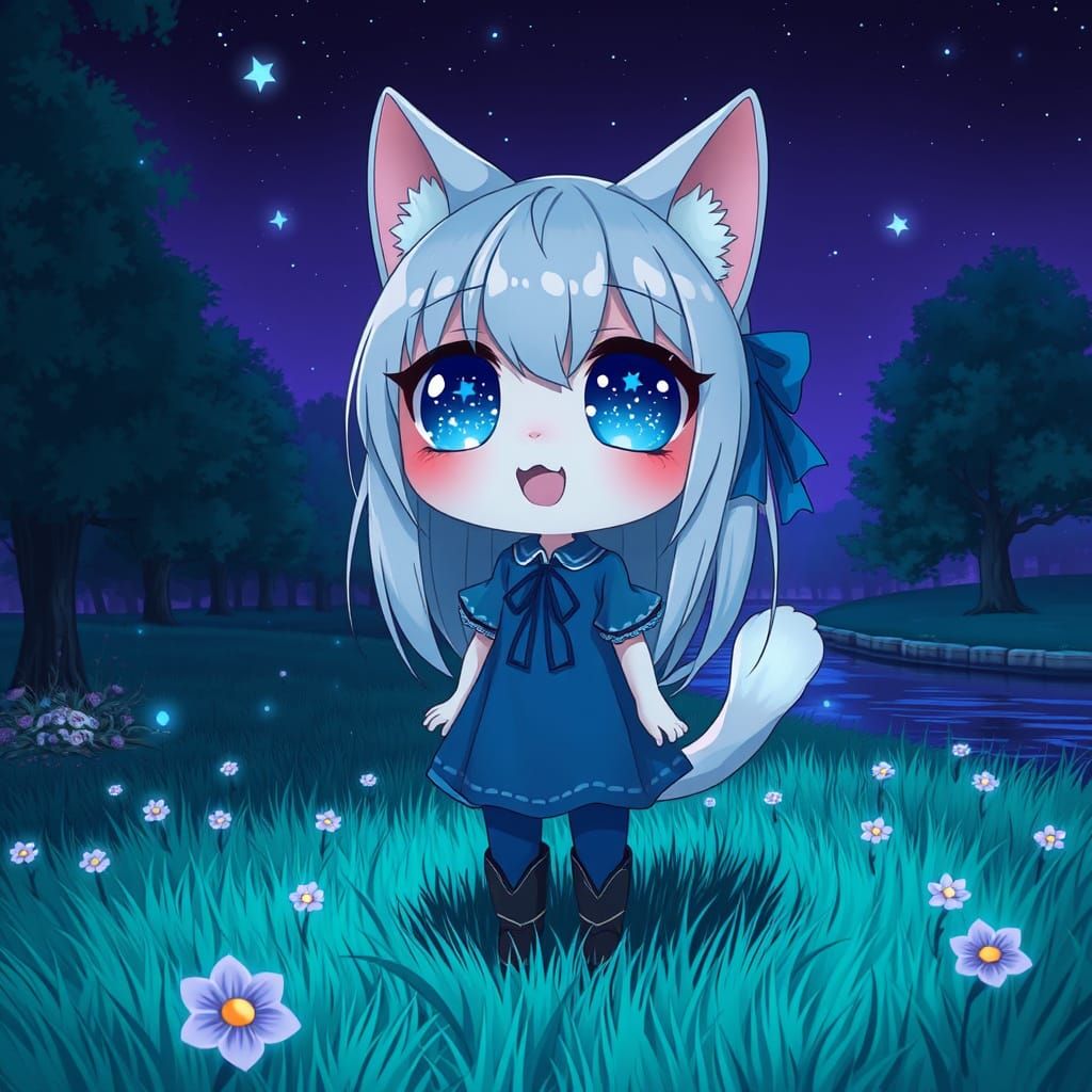 Synthwave Catgirl Gazing at Starry Night Sky