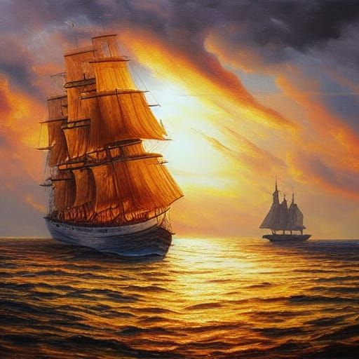 Golden Sunset Sail Ship: Impressionistic Oil Painting