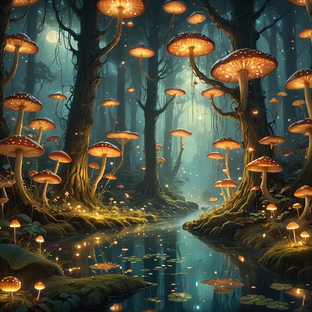 Magical Forest with Fairy in Silk Painting Style