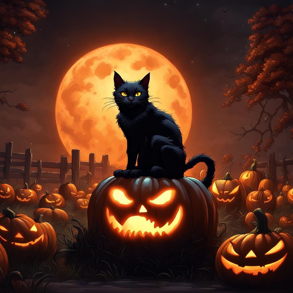 Hissing Black Cat on Jack-o'-Lantern in Dark Fantasy Style