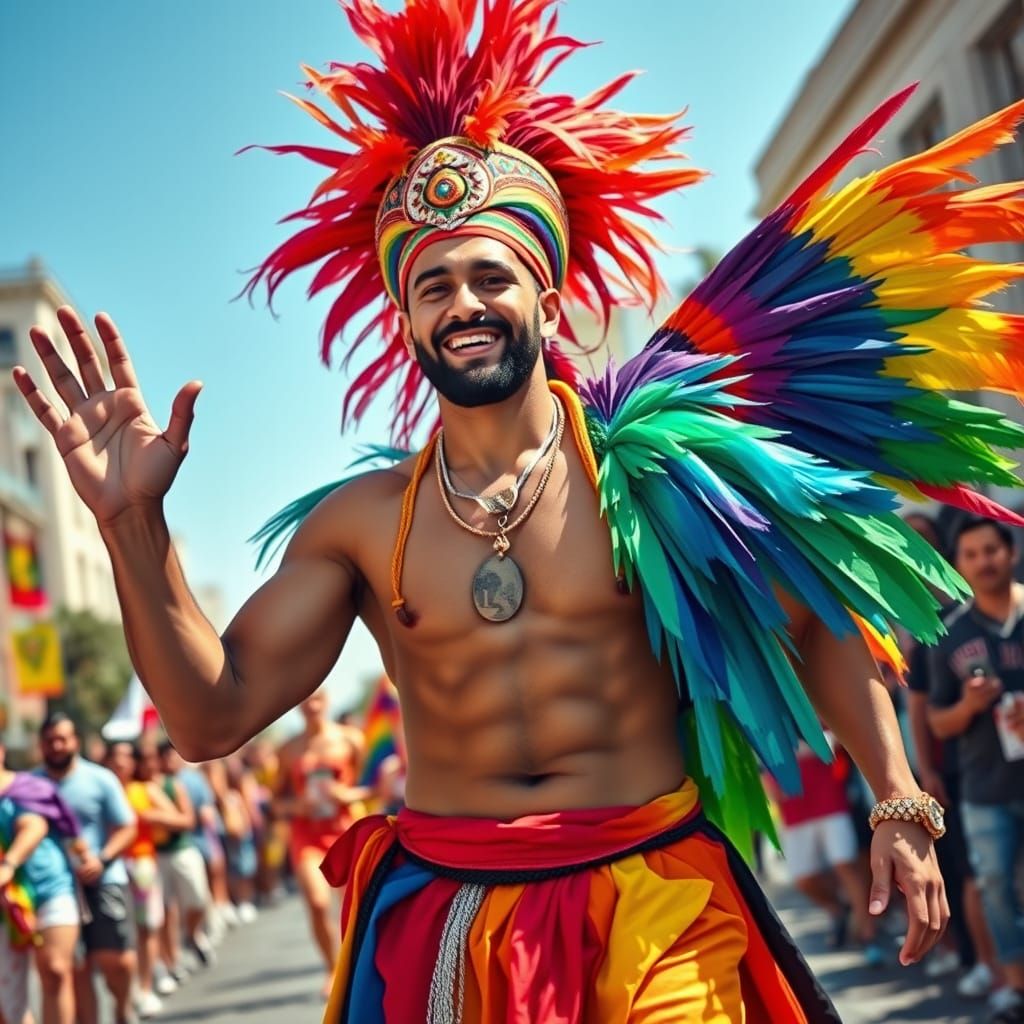 Muscular Man Radiates Pride at Colorful Parade