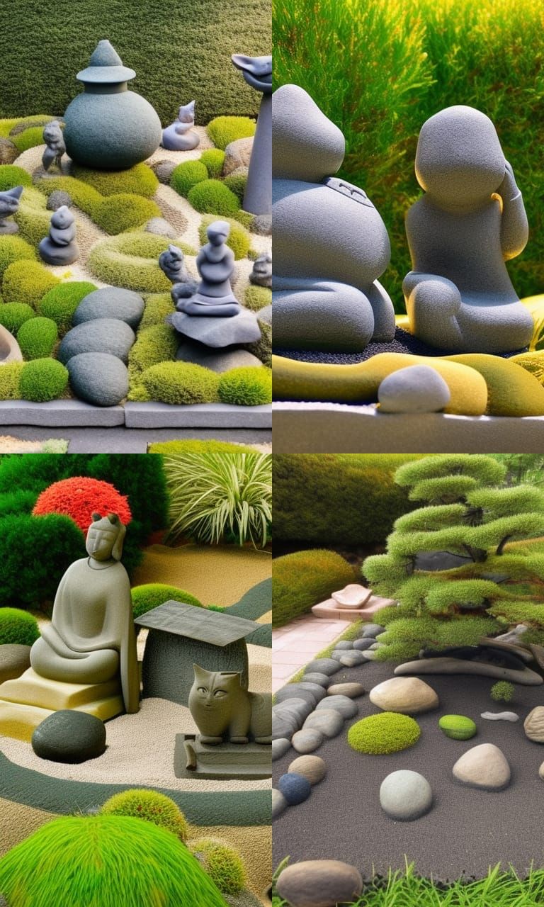 Intricate Zen Garden with Statuary and Cats