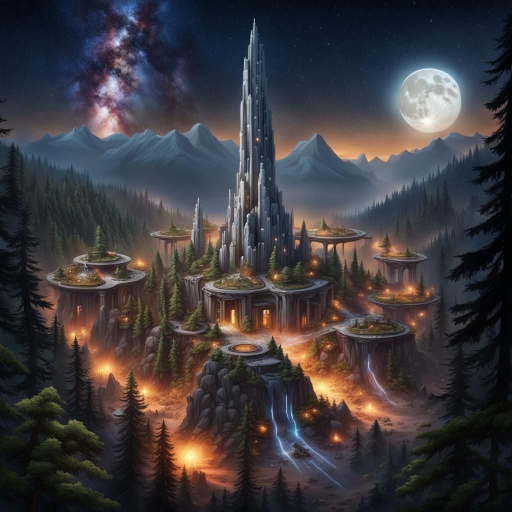 Futuristic Dwarven City Amidst Redwoods Under Meteor Shower