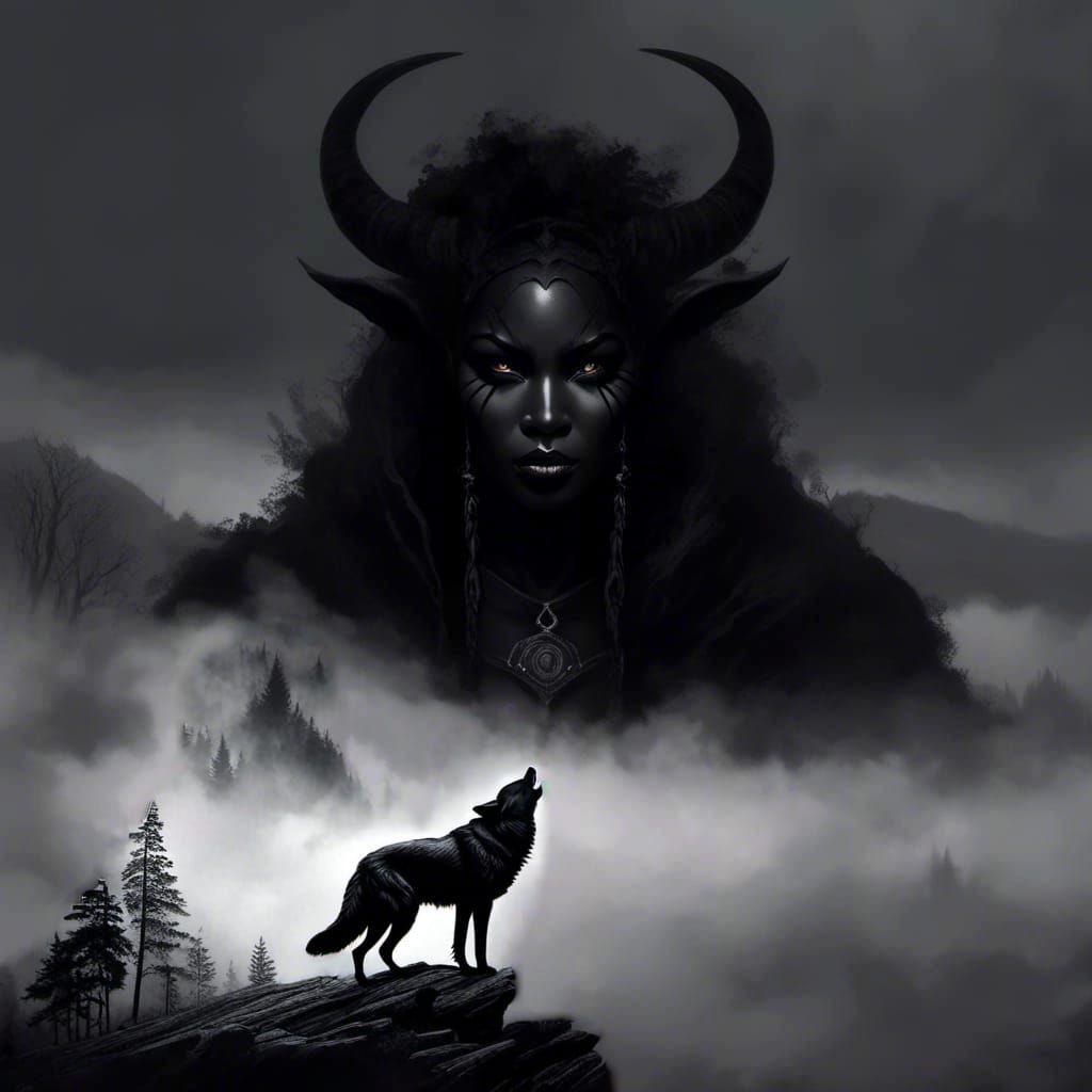 Howling Wolf in Misty Forest, Detailed Greyscale Art