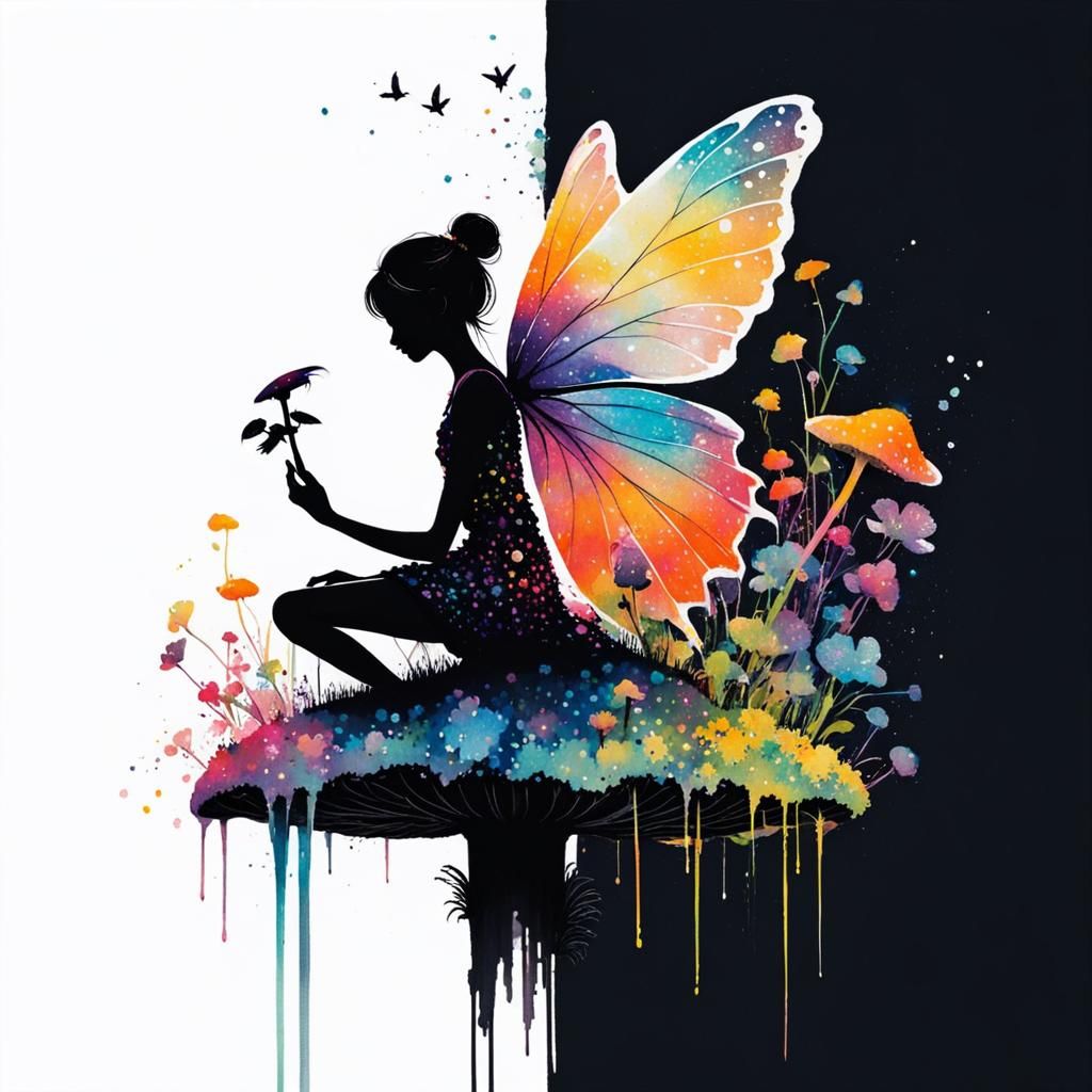 Fairy Silhouette on Mushroom in Vibrant Colors