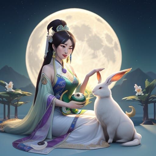 Chang'e and Jade Rabbit Under a Moonlit Night Sky