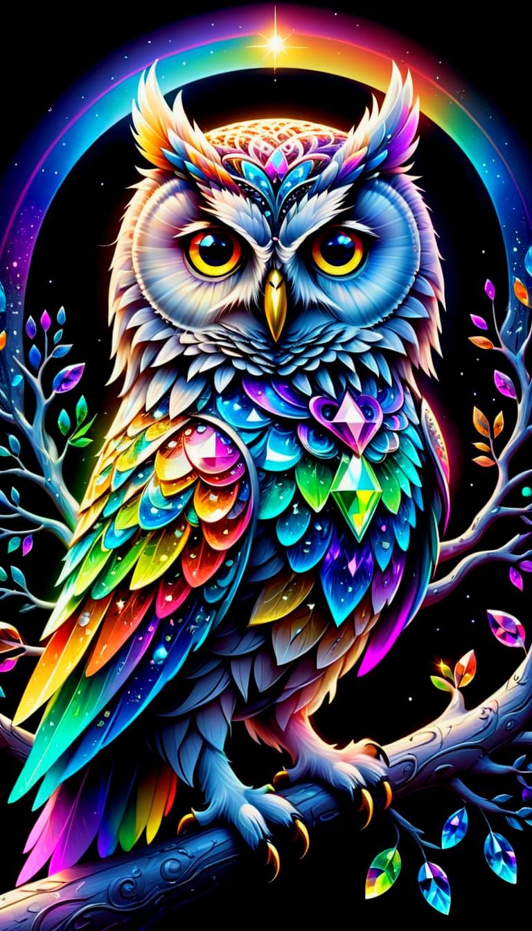 Whimsical Rainbow Owl in Mystical Cosmic Landscape
