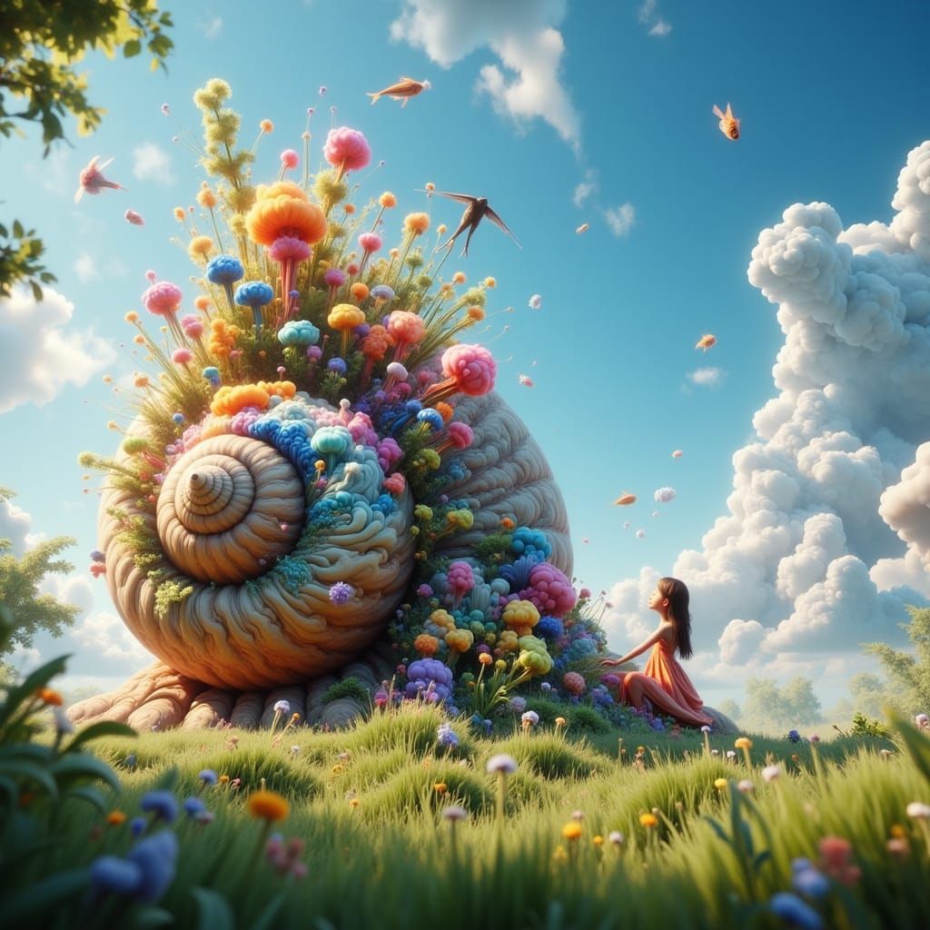 Girl and Snail Shell in a Lush Landscape