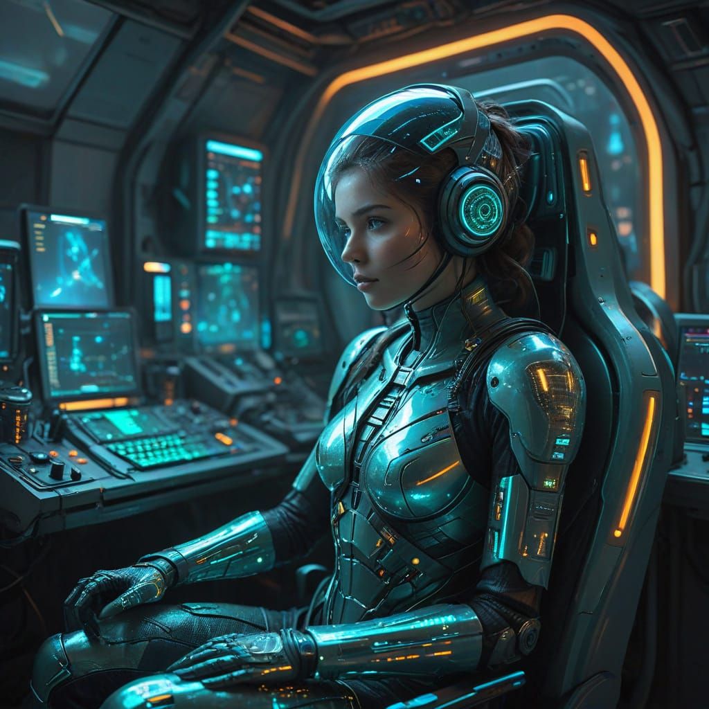 Girl in Futuristic Biomechanical Suits Controlling Spacecraf...