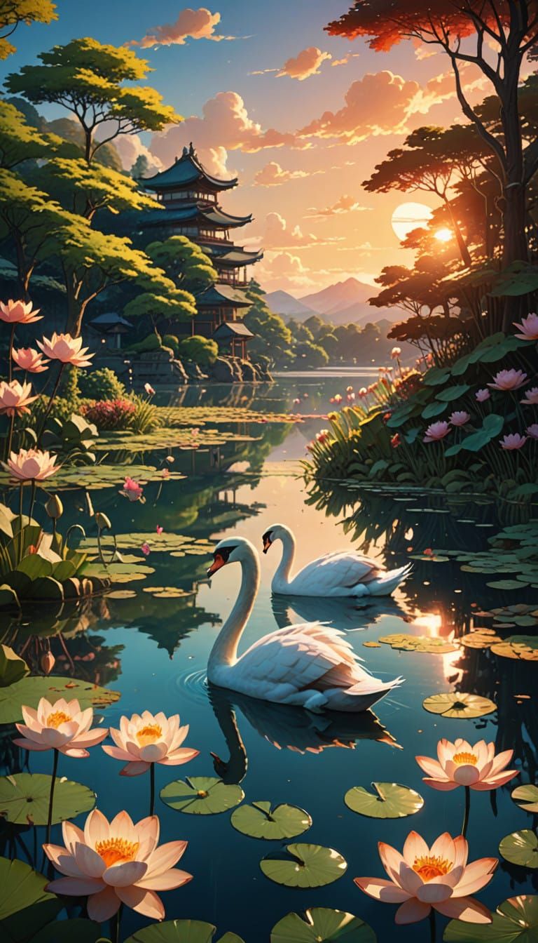 lake with swan, lotus around