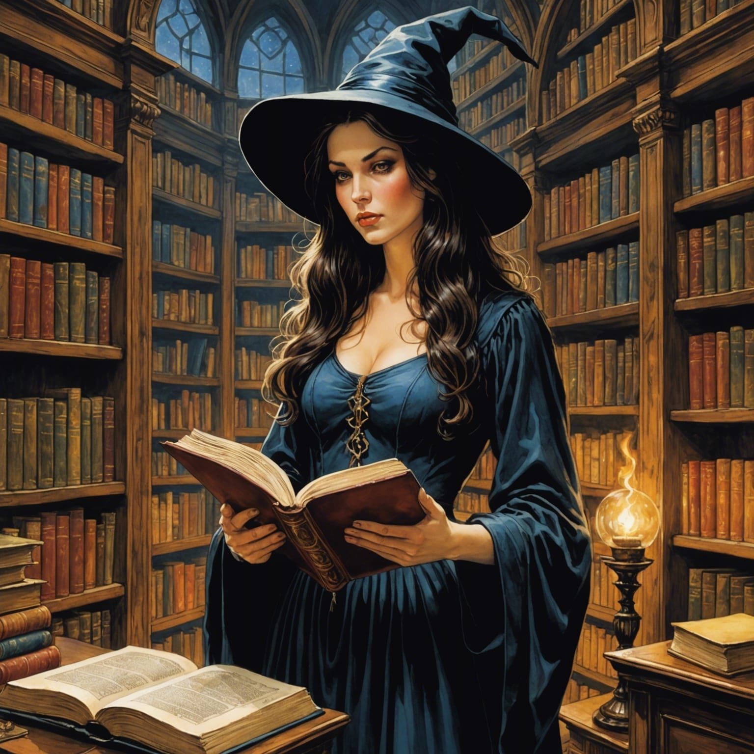 Enchanting Witch Reads Tome in Dark Fantasy Library