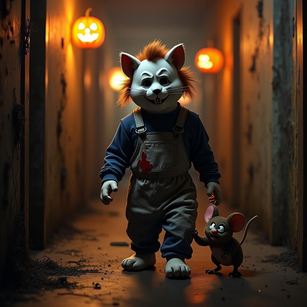 Tom the cat from Tom and Jerry wearing a Michael Myers Hallo...