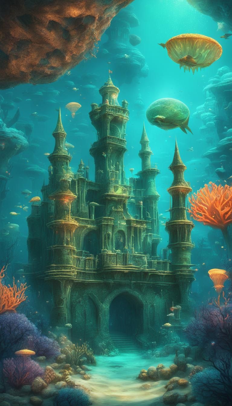 Futuristic Underwater Sandcastle with Bioluminescent Life