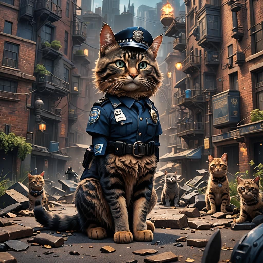Fantastical Police Cat in Detailed Matte Painting
