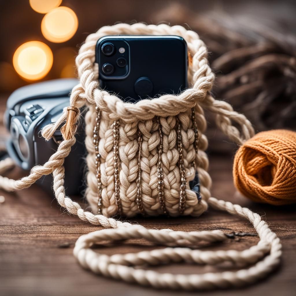 Knitted Phone Bag with Rope and Beads