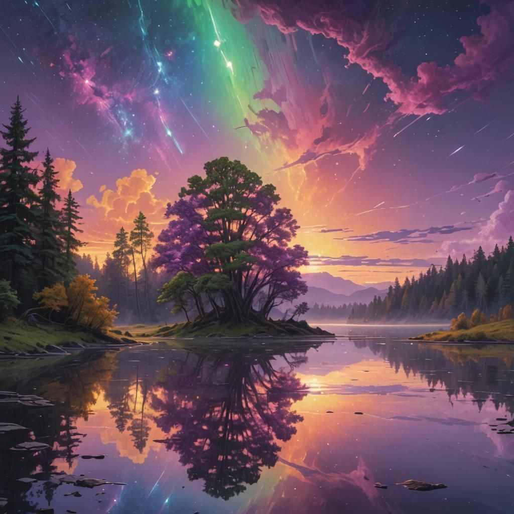 Psychedelic Galaxy Reflection at Sunset: Hyper-Realistic Fan...