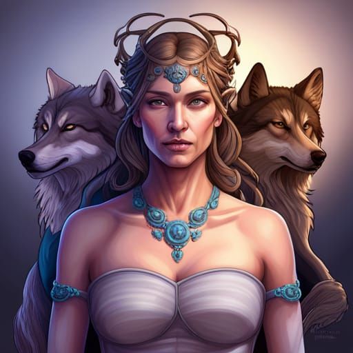 Mystical Woman Portrait with Wolves in Artgerm Style