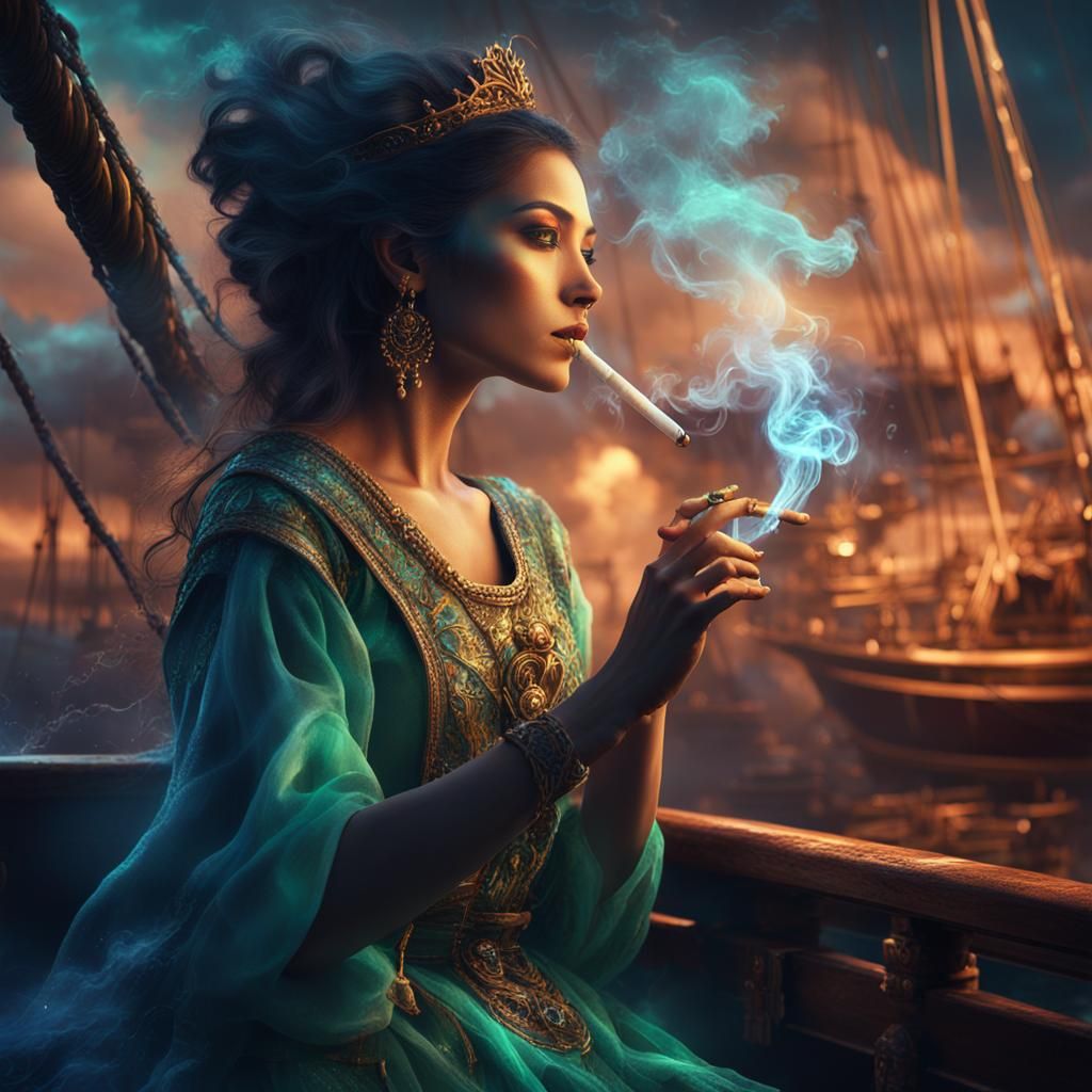 Ethereal Sail Ship: Woman Smoking in Fluorescent Light