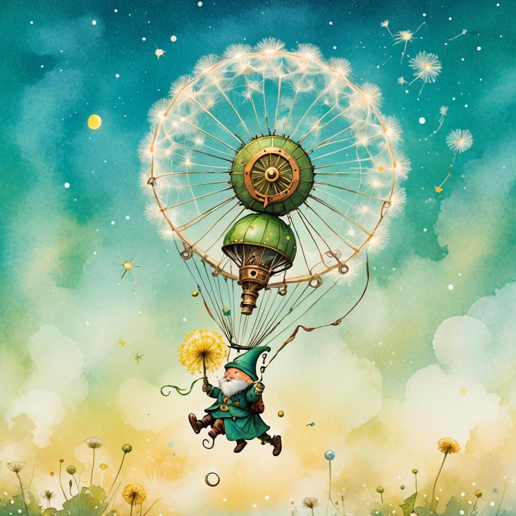 Steampunk Gnome's Whimsical Flight in Dreamy Watercolor