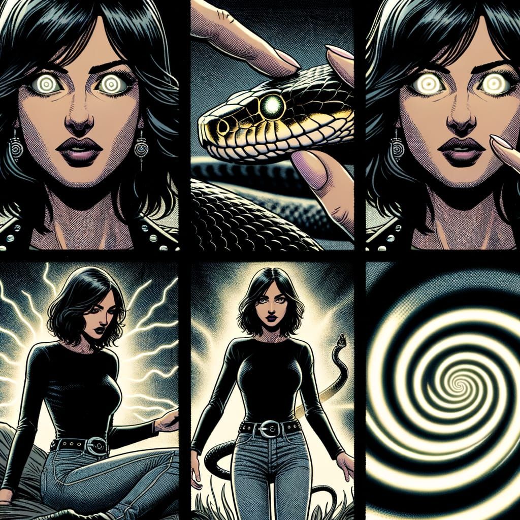 Graphic Novel Comic Page: Woman Hypnotized by Luminous Snake