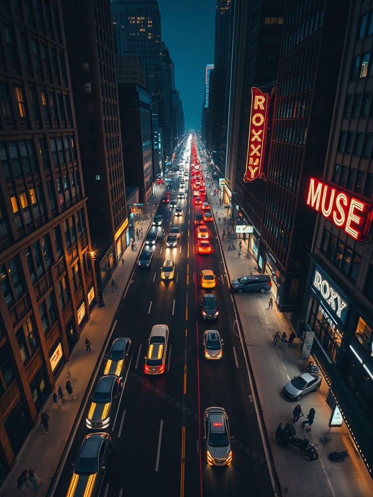 Aerial Drone View of Bustling City Street at Night